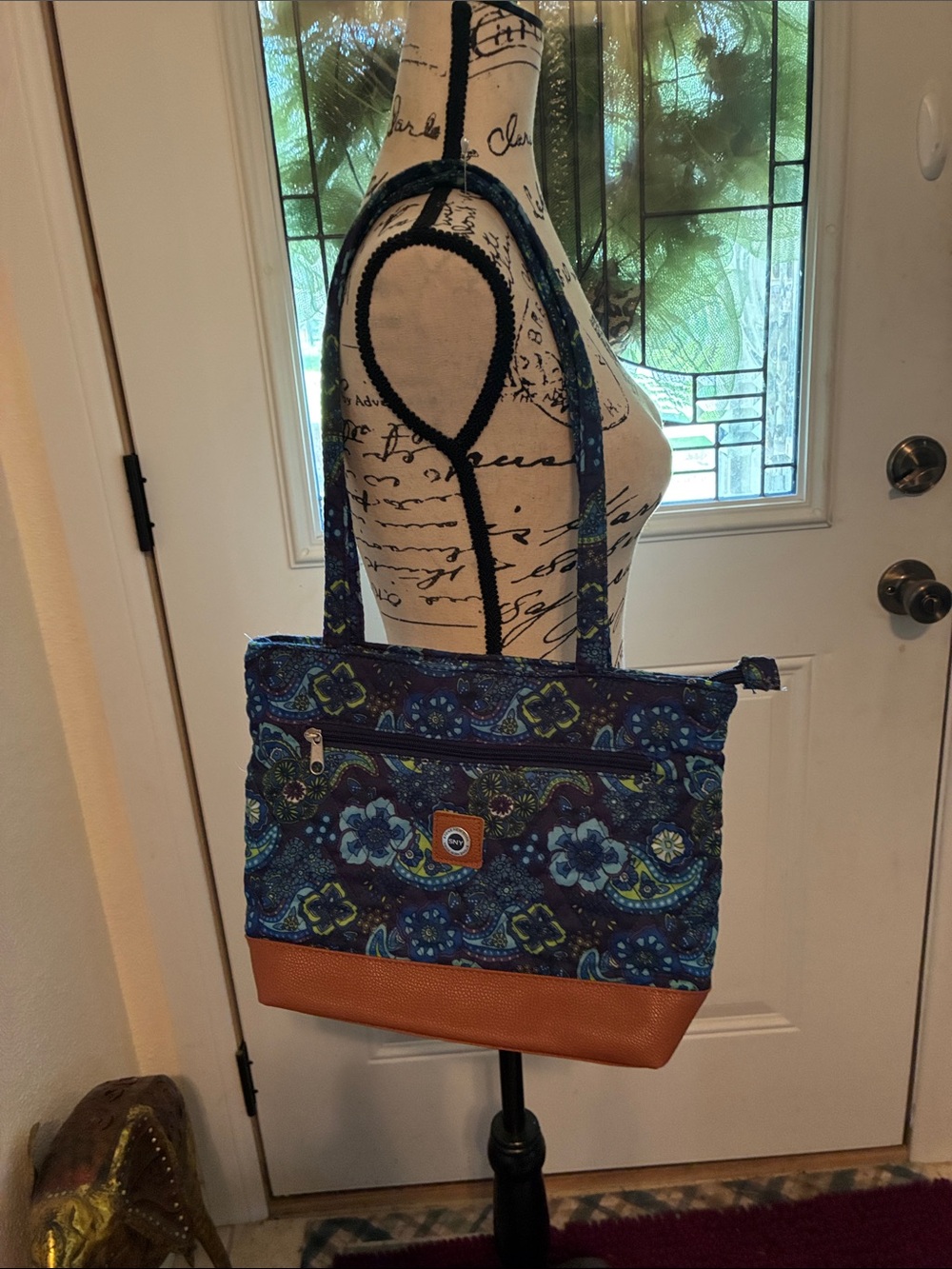 Blue Paisley Quilted Tote with Tan Base